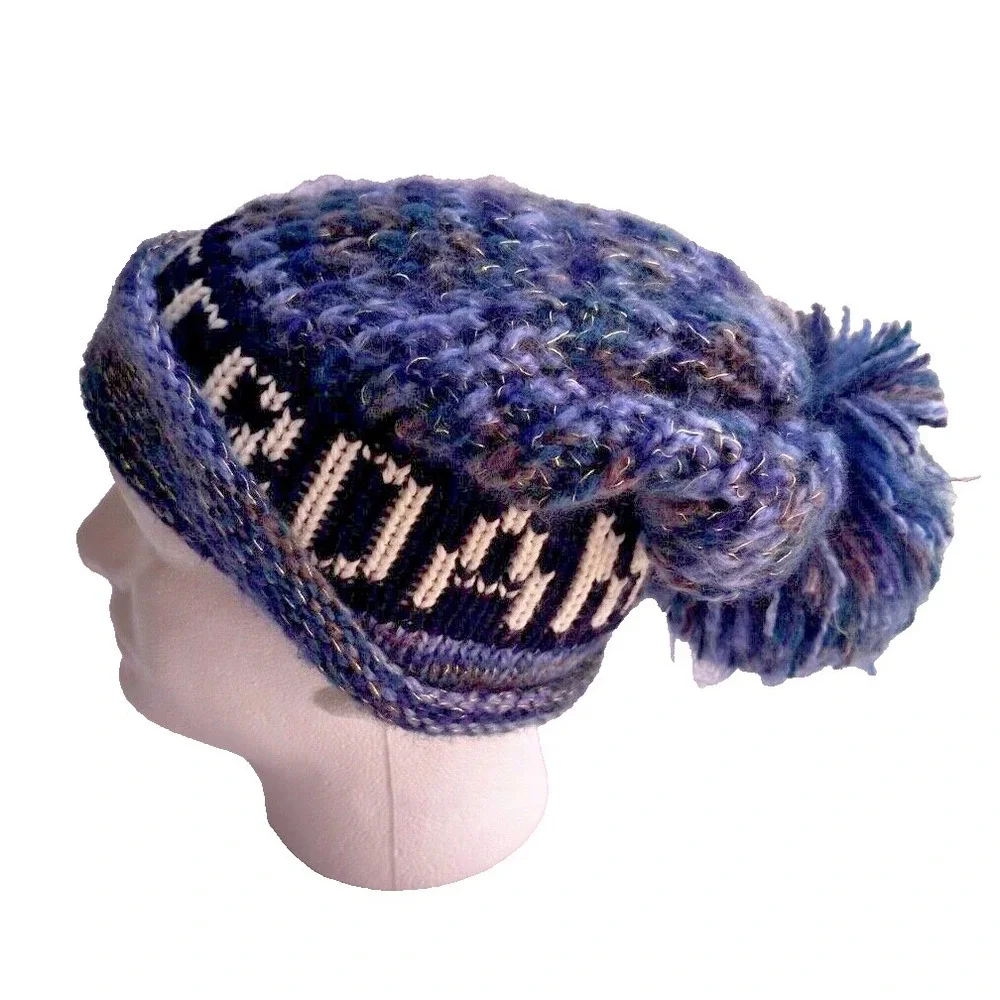 Amsterdam Blue Black Pom Pom Beanie Tassel Slouchy Knit Ski Winter Warm Hat